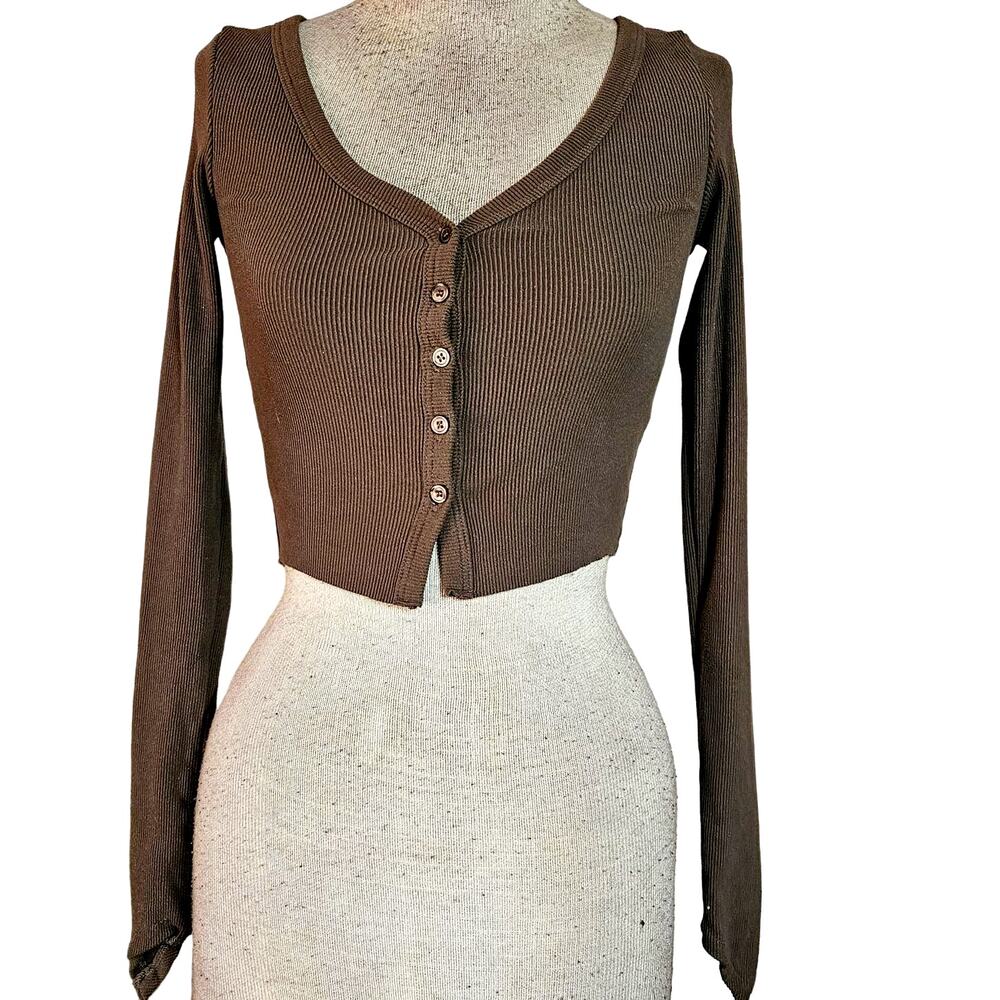 Brown Ribbed Button Up Crop Top Size Small